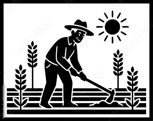 Farmer working in a field with a hoe illustration, traditional agriculture and farming concept silhouette.