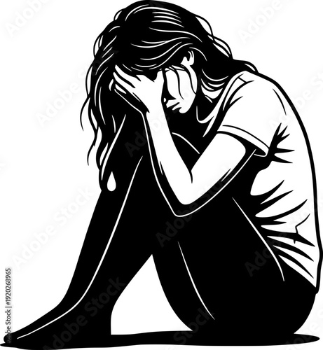 Sad woman sitting on the floor crying with head in hands, depression and grief concept illustration.