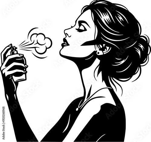 Elegant woman spraying perfume on herself, profile view of a lady with an atomizer bottle illustration.