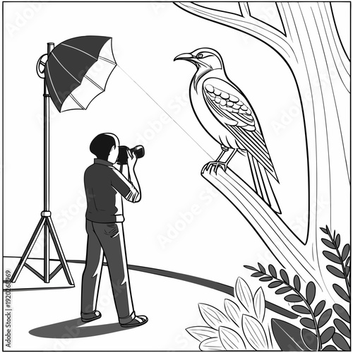 Photographer capturing a bird on a branch with studio lighting.