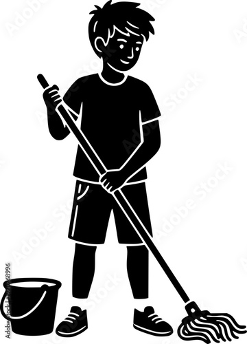 Silhouette of a boy mopping the floor with a bucket, child doing household chores illustration.