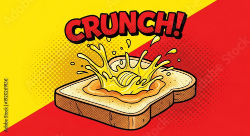 Toast with butter splash on red and yellow background with crunch text