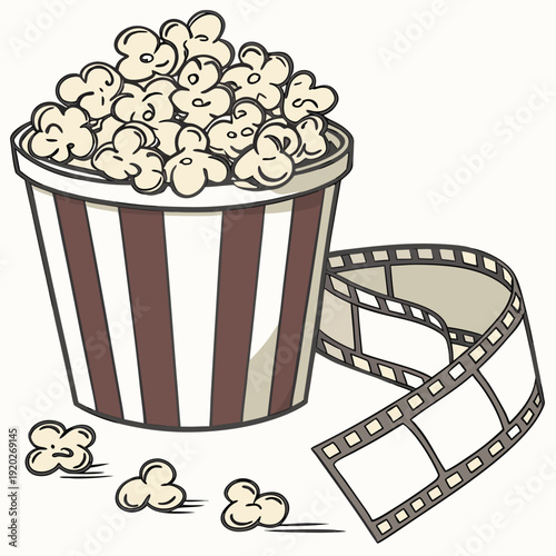 Popcorn bucket and film strip for movie night entertainment.