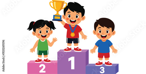 Happy kids on winners podium with gold trophy and medal celebrating school sports competition isolated on white background cartoon vector illustration
