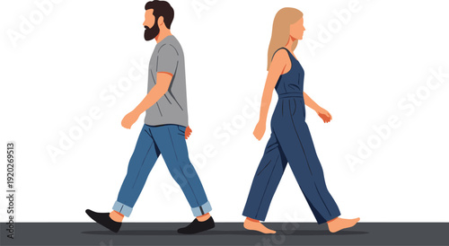 Minimalist Vector Illustration of a Bearded Man and Blonde Woman Walking Forward in Casual Modern Clothing Isolated on White Background for Lifestyle Design