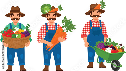 Set of Farmer Character Illustrations Featuring a Smiling Man in Overalls Carrying a Basket of Vegetables Giant Carrots and a Green Garden WheelbarrowSet of Farmer Character Illustrations 
