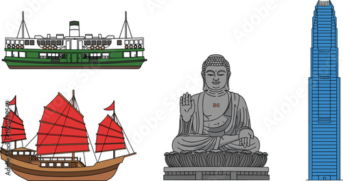 Set of Hong Kong Landmark Vector Illustrations Featuring Traditional Junk Boat Star Ferry Big Buddha Statue and International Finance Centre Skyscraper for Tourism Design