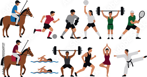 Sports people collection vector illustration featuring horse riding, football, hockey, volleyball, weightlifting, tennis, swimming, running, ballet and karate isolated on white background