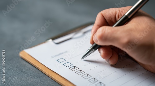 Close-up of a hand with pen filling out a checklist on a clipboard