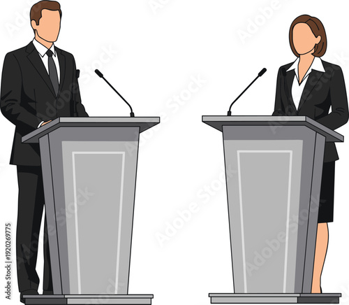 Vector illustration of a professional businessman and businesswoman in formal suits standing at a podium or lectern giving a speech at a conference.