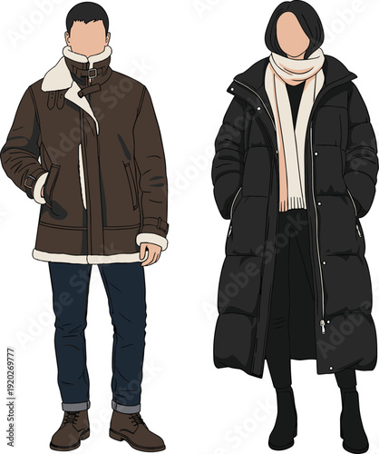 Vector Illustration of a Man and Woman Wearing Stylish Winter Clothing Including a Brown Shearling Jacket and Black Puffer Coat Isolated on White Background