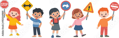 Vector set of cute diverse children holding various traffic road signs like stop, do not enter, and warning signals isolated on white background.