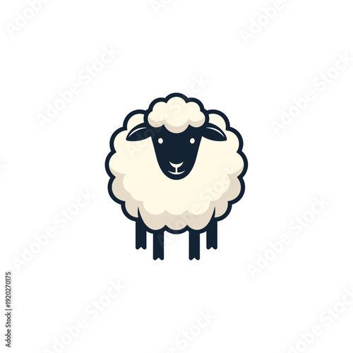 Simple and cute cartoon illustration of a fluffy white sheep with a black face standing frontally.