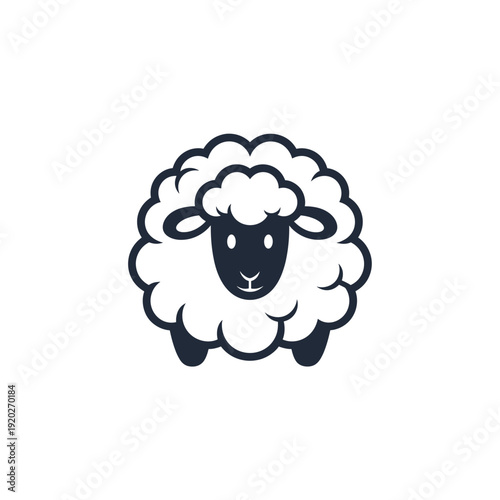 Simple black and white cartoon illustration of a fluffy sheep facing forward with a dark face and body outline.