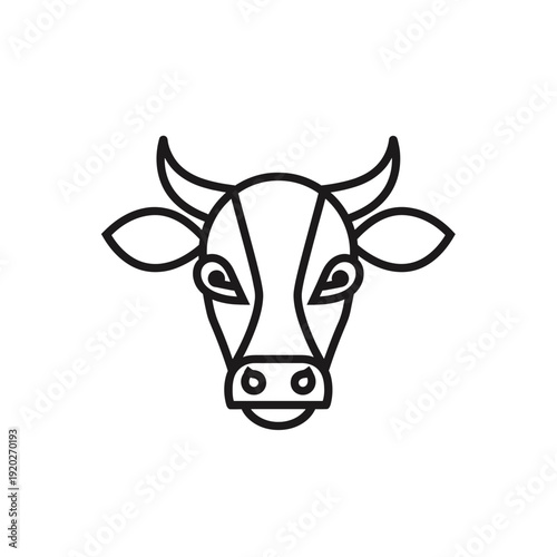 Minimalist black outline drawing of a cow's head with horns, facing forward on a white background, depicting a simple bovine icon.