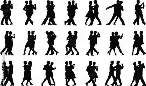 Romantic ballroom dancing couple silhouettes collection, elegant tango waltz partners black isolated vector illustration set