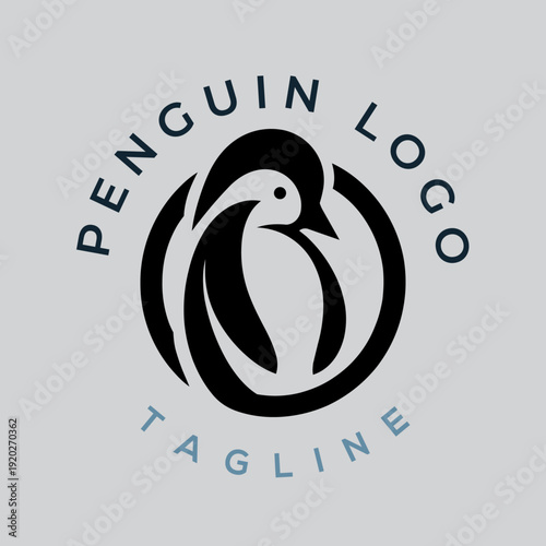Penguin logo design with modern circular emblem minimal black and grey badge wildlife mascot branding icon clean vector illustration for business company identity