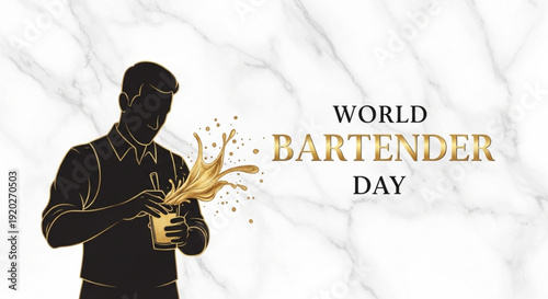 Bartender pouring drink on world bartender day with golden liquid splashing