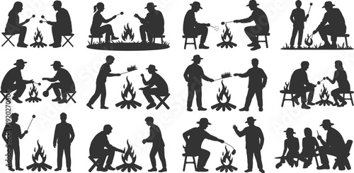 Camping people silhouettes set, friends roasting marshmallows around campfire outdoor adventure black vector illustration collection isolated