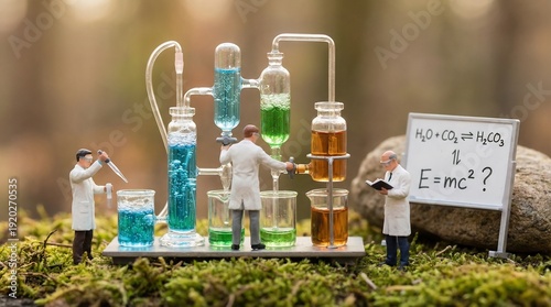 Wallpaper Mural Miniature scientists conduct a complex chemical distillation experiment using colorful liquids set outdoors on mossy ground near a rock. Torontodigital.ca