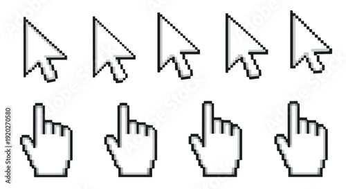 Mouse pointer and hand cursor vector icon collection. Includes arrow and pointing finger symbols. Created in outline style with white and black palette.