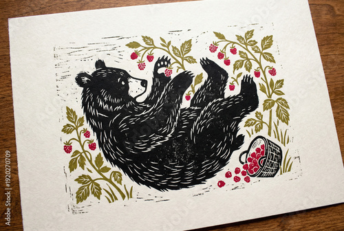 Handmade linocut print featuring a cute black bear eating raspberries while lying down. Artistic illustration on white paper.