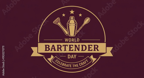 Bartender day celebration logo with cocktail shaker and muddler on dark background
