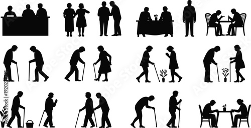 Elderly people daily life silhouettes set, senior men and women walking with cane isolated black vector illustration