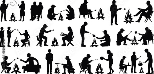 Camping people silhouettes collection, friends roasting marshmallows around campfire outdoor adventure black vector illustration set isolated