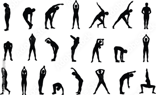 Stretching exercise silhouettes set, men and women doing warm up fitness poses isolated black vector illustration collection