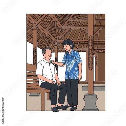 Illustration of a young woman examining an elderly man's ear with a medical tool in a traditional Balinese building with wooden pillars and a thatched roof.
