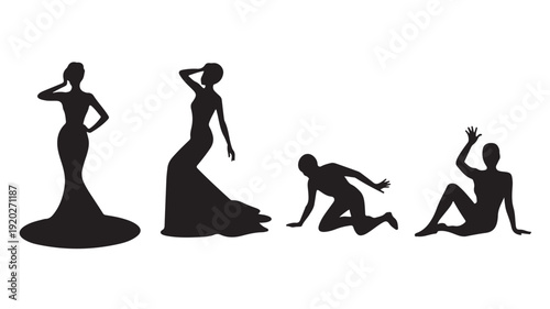 Vector Silhouette Illustrations Of People In Various Poses On White Background For Dance And Theater Concepts