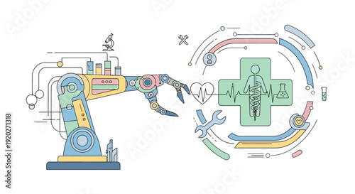 Robot Arm Assembling Medical Cross Symbol.