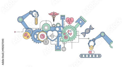 Industrial robotic machinery mechanical parts illustration.