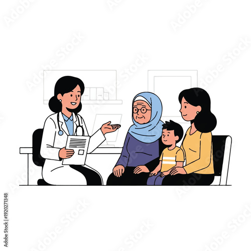 Illustration of a female doctor consulting with a senior woman, a young mother, and her child in a clinical office setting with a clean and informative mood.