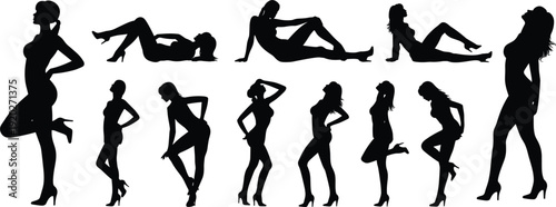 Assortment of female figures in silhouette posing in various styles woman pose