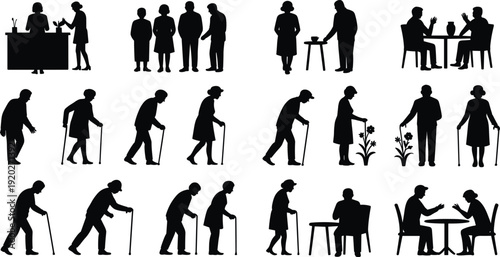Elderly people silhouettes collection, senior men and women walking with cane talking sitting isolated black vector illustration
