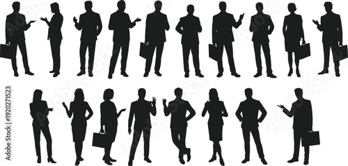 Corporate business people silhouettes set, professional men and women with briefcase discussing presentation isolated black vector on white background