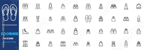 Footwear outline icon collection. Includes boots, sandals, heels, sneakers, slippers, flats, and dress shoes symbols. Created in thin line style with a monochrome palette.