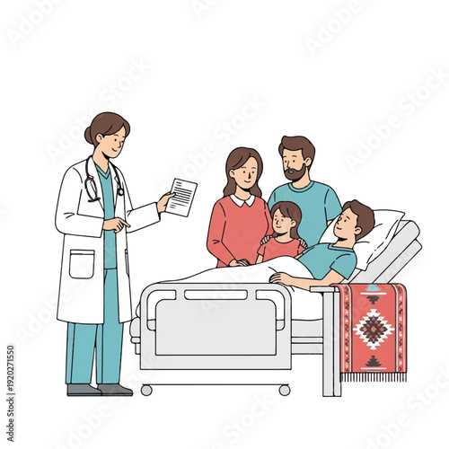 A doctor in a white coat discusses a medical chart with a family of four around a hospital bed, with a clean white background and a red blanket on the bed.