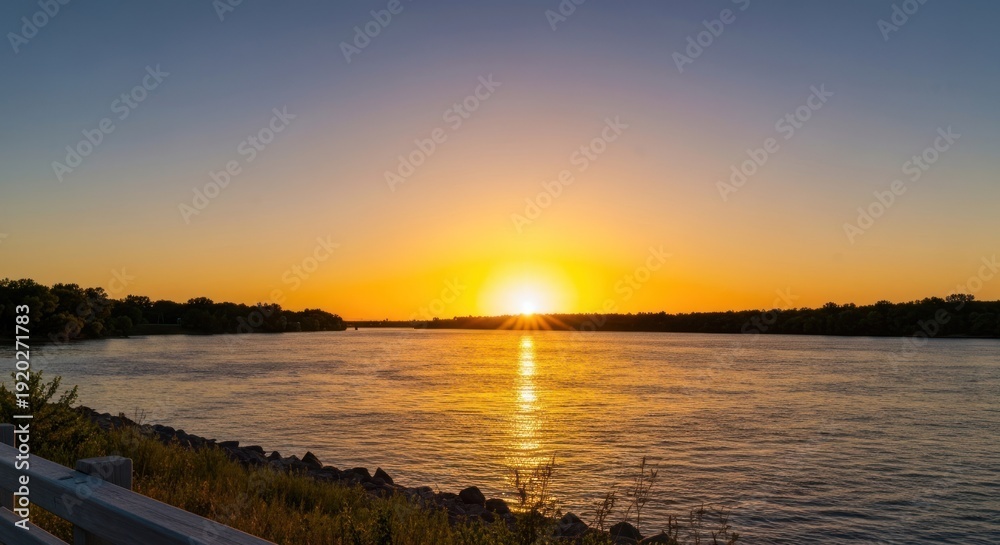 Fototapeta premium Riverside sunset with sun on water, dark trees, and sky gradient