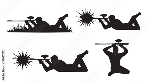 Vector Illustration Of Silhouette Paintball Players In Various Poses For Sports And Recreation Concept