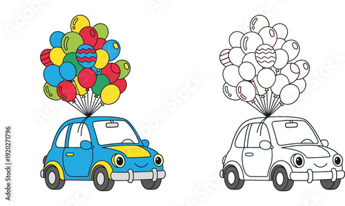 Cute cartoon blue car carrying colorful balloons with a black and white outline version for kids coloring book page vector illustration.