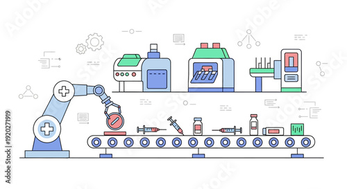 Industrial robotic arm on production line machinery.