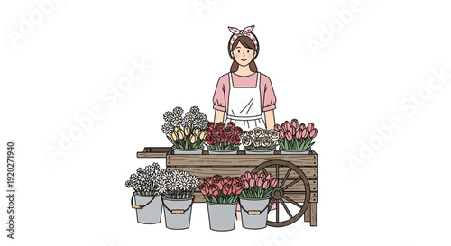 Woman Selling Flowers at Market Stall.