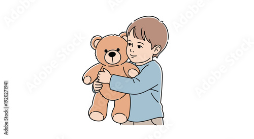 Young Boy Hugging a Teddy Bear.