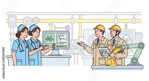 Industrial workers collaborating in manufacturing facility.