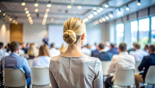 Mujer ejecutiva asistiendo a conferencia en sala corporativa moderna con asistentes y ponente al fondo