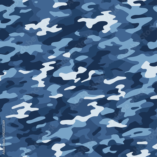 Seamless Blue Camouflage Vector Pattern Background. Navy Marine Military Army Camo Texture. Abstract Tactical Fashion Fabric Print Design. Modern Urban Apparel Clothing Wallpaper Illustration.