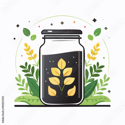 Vibrant illustration of a natural essence in a glass jar, featuring golden wheat and lush green foliage, symbolizing organic purity, healthy ingredients, and sustainable plant-based nutrition